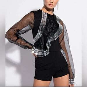 AKIRA RUFFLE SOME FEATHERS ORGANZA RHINESTONE RUFFLE BLOUSE XL